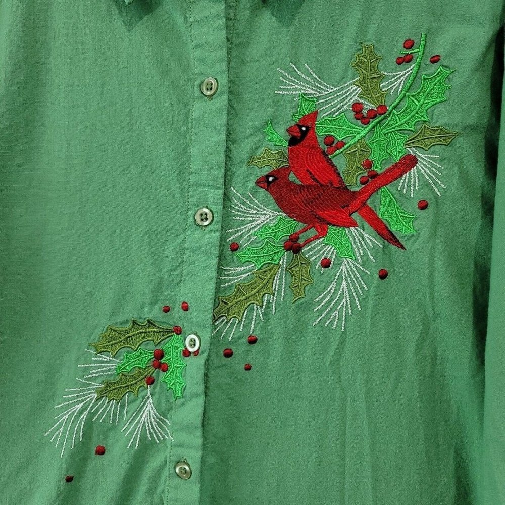 Collections ETC. Women's Embroidered Red Cardinals On Branch Button Down Top LG